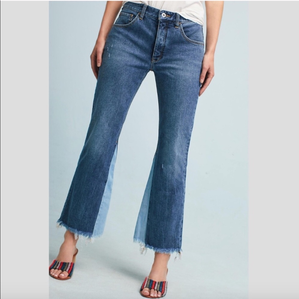 Anthropologie Two-Tone Cropped Flare Jeans in Medium Blue